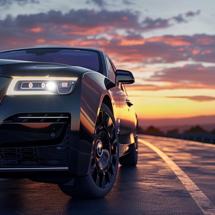 luxurious-car-parked-highway-with-illuminated-headlight-sunset